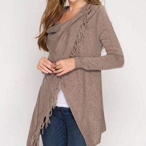 Sweaters - Mocha Long Sleeve Wrap Shawl Fringe Trim Cardigan Sweater
